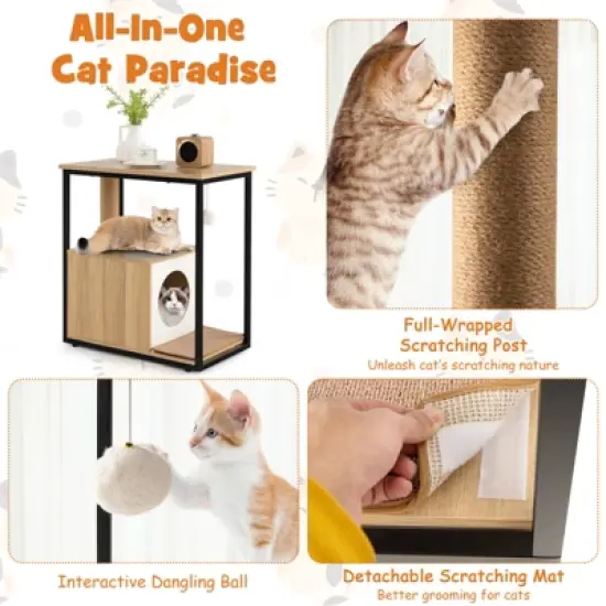 Costway Cat Furniture End Table w/ Scratching Post Removable Scratching Mat Living Room image {5}