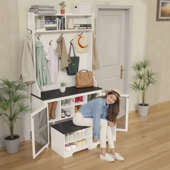 Buenhomino 4 in 1 Hall Tree Coat Rack Versatile Entryway Storage Bench Shoe Cabinet with 7 Hooks, Cubbies and Shelves,Antique White image {8}