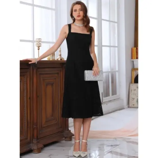 INSPIRE CHIC Women's Lace Prom Straps Square Neck Sleeveless Formal Evening Cocktail Midi Dresses image {2}