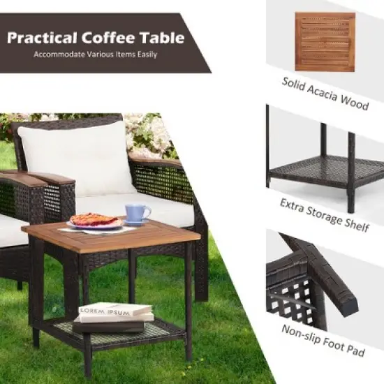Costway 5PCS Patio Rattan Furniture Set Acacia Wood Table Armrest Cushion Yard image {5}