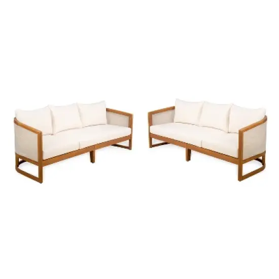Christopher Knight Home Elrane Mid-Century Modern Patio 3-Seater Acacia Wood Sofa with Thick Cushions image {1}
