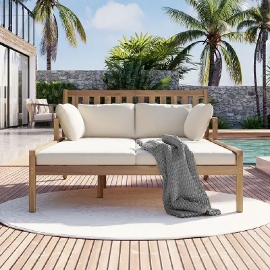 Acacia Wood Outdoor Daybed with Removable Cushions and Pillows, Ergonomic Frame for Patio, Garden or Poolside Relaxation - Coolbibila image {7}