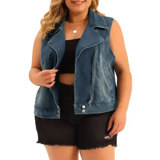Agnes Orinda Women's Plus Size Zip Up Washed Denim Motorcycle Sleeveless Jean Vest image {1}