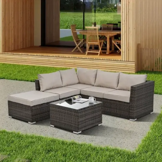 LOVSON Patio Furniture, Outdoor Furniture, Seasonal PE Wicker Furniture, 4 Set Wicker Furniture With Tempered Glass Coffee Table image {10}