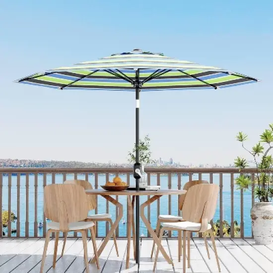 9ft Patio Umbrella, Outdoor Table, UV, Fade, Water Resistant, Crank Lift, Tilt, 8 Ribs, Metal Frame, Tricolor Stripe image {5}