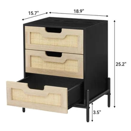 ODK Rattan Nightstand, Boho Bedside Table with 3 Large Storage Capacity, Spacious Surface, Modern Storage Night Stand for Bedroom, Black image {1}