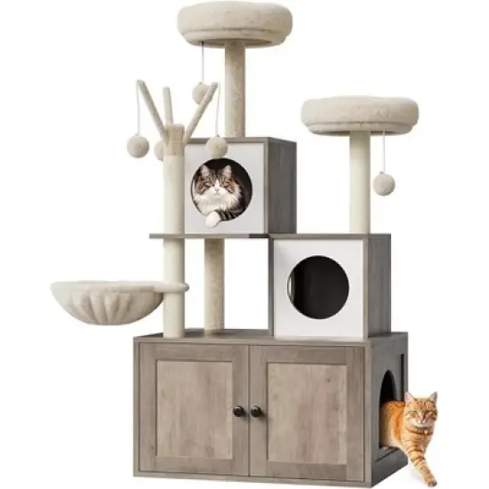 Hidden Litter Box Enclosure with Cat Tree Tower, 2-in-1 Cat Condo with Hammocks, Perches, Scratching Posts & Basket image {7}
