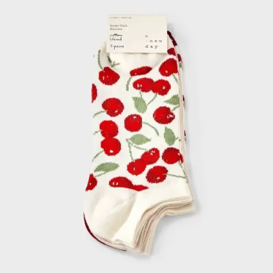 Women's Cherries 3pk Low Cut Socks - A New Day&trade; Ivory/Red 4-10 image {1}