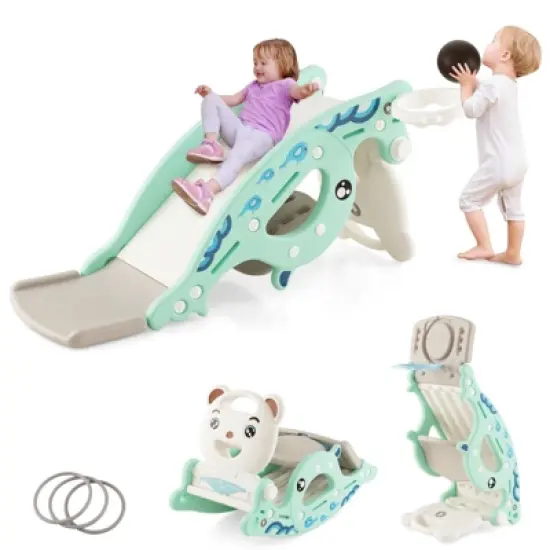 Costway 4-in-1 Kids Slide Rocking Toy Slide Rocking Horse w/Basketball Hoop Rings Pink\Green image {11}