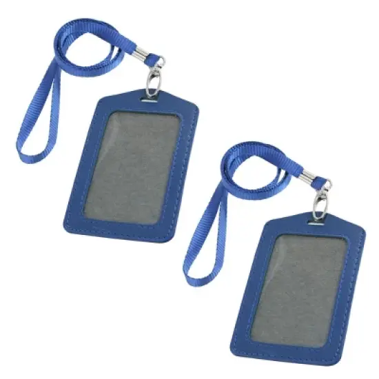 Unique Bargains Faux Leather Badge ID Card Vertical Holders Blue 2 Pcs with Neck Strap image {3}