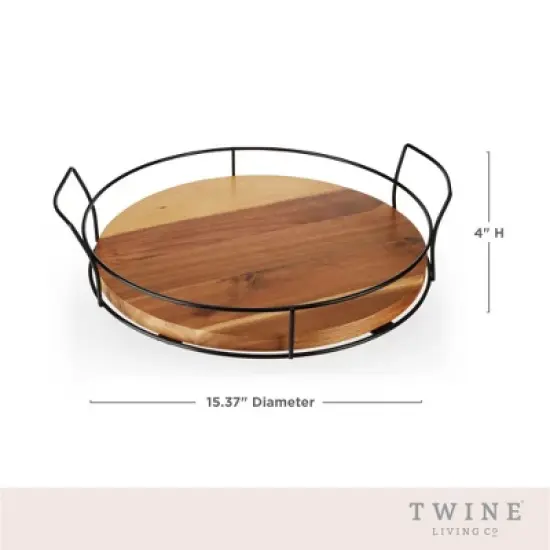 Twine Modern Manor Cocktail Tray, Round Serving Platter with Handles for Drinks, Appetizers, Acacia Wood, Metal, 15.37&Prime; Diameter, Set of 1 image {2}