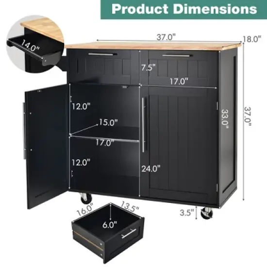 Costway Rolling Kitchen Cart Island Heavy Duty Storage Trolley Cabinet Utility Black image {3}