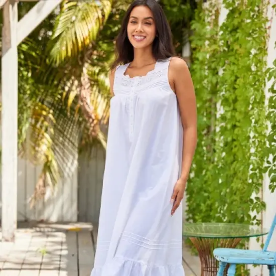 Women's Cotton Victorian Nightgown, Gwendoline Sleeveless Lace Trimmed Button Up Long Vintage Night Dress Gown image {2}