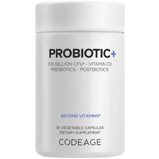 Codeage Probiotic+ 100 Billion CFU Supplement - 12-Strain Probiotic Blend,  Organic Prebiotic Fiber, Postbiotics, For Men & Women, 30 Capsules image {9}