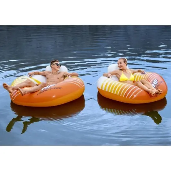 Bestway 43399E Hydro-Force Sunkissed Pool, Lake, River, Beach Inflatable PVC Clasp N Go Inner Tube Ring Float with Cup Holder, Orange and Yellow image {1}
