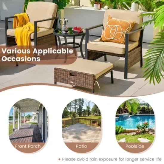 Costway 5PCS Patio Wicker Conversation Set Space Saving Cushions Chairs with Ottomans Table image {7}