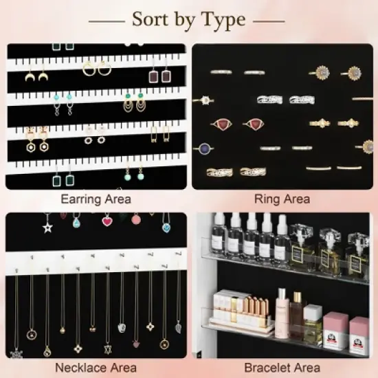 VECELO Mirrored Jewelry Cabinet Wall, Door Mounted Jewelry Organizer with LED Lights and Lockable Full Length Mirror, White image {8}