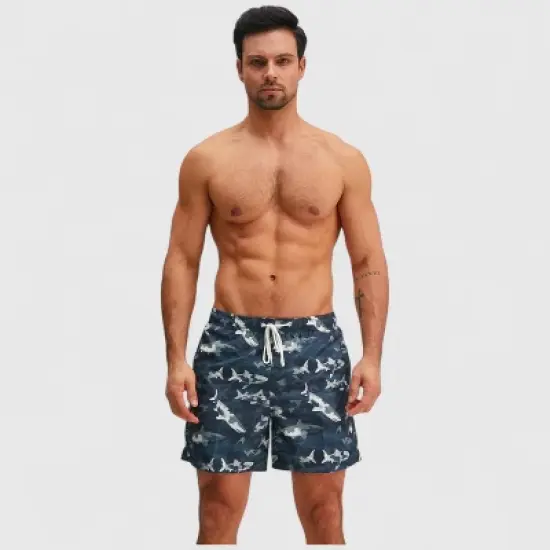 Anna-Kaci Men's Shark Camo Print Swim Trunks with Adjustable Drawstring and Side Pockets image {1}