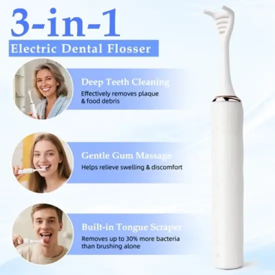 YEVYO Electric Flosser for Teeth - 140000 Ultra-High Frequency Dual-Line Flossing, Cleaning, Tongue Scraper, Gum Massager - Reusable Flossers, White image {2}