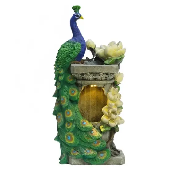 LuxenHome Resin Blue and Green Peacock Outdoor Fountain Garden Fountain with LED Light image {11}