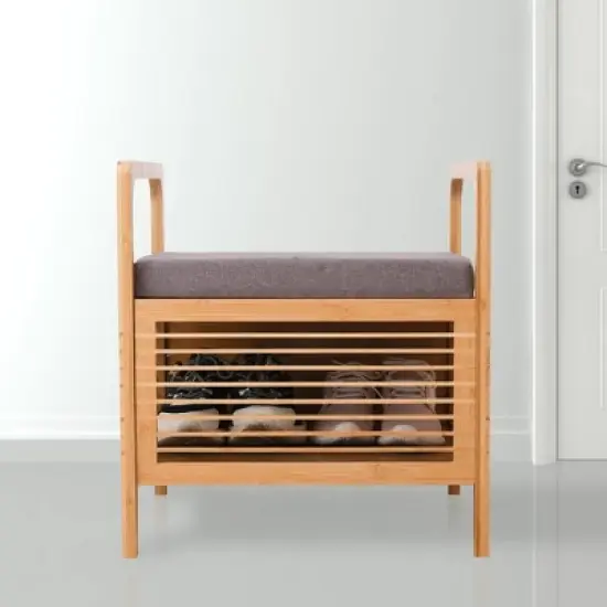 Proman Products Square Cambridge Bamboo Storage Shoe Bench Natural: Upholstered Entryway Bench with Cushion, Modern Style image {7}