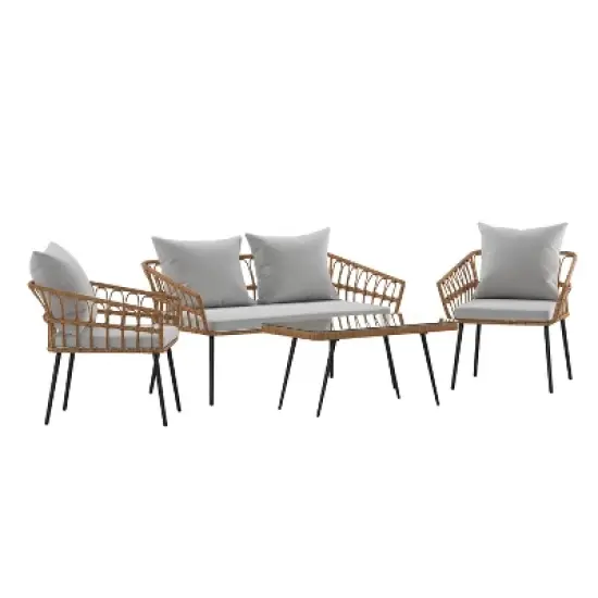 Emma and Oliver Four Piece Indoor/Outdoor Boho Open Weave Natural Rattan Rope Patio Set with Two Chairs, Loveseat and Table with Cushions image {14}