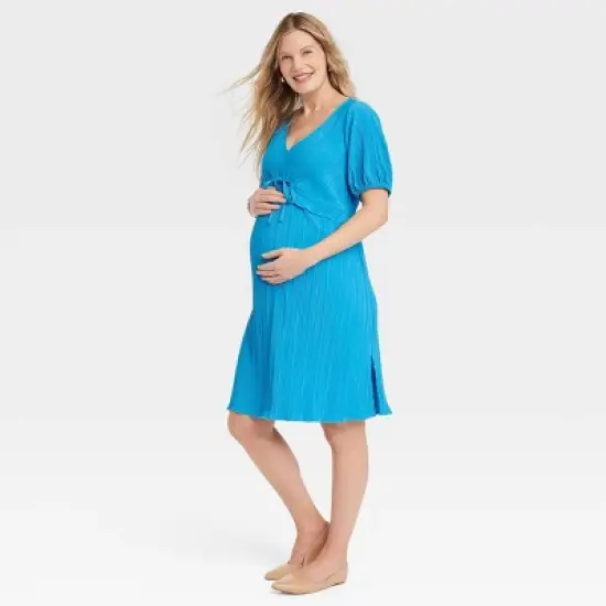 Short Sleeve Plisse Mini Maternity Empire Waist Dress - Isabel Maternity by Ingrid & Isabel&trade; Blue image {3}