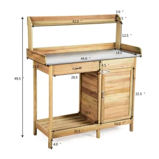 Costway Outdoor Potting Bench Garden Wooden Work Station Metal Tabletop Cabinet Drawer image {1}