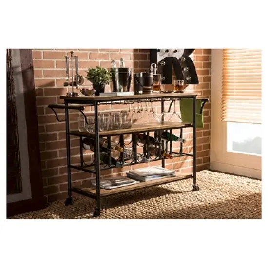 Bradford Rustic Industrial Style Antique Black & Metal Distressed Wood Mobile Kitchen Bar Serving Wine Cart - Baxton Studio image {3}
