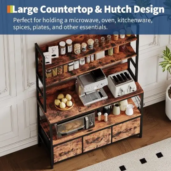 Industrial 5-Tier Bakers Rack with Power Outlet, Microwave Stand with Storage Cabinet & 10 Hooks for Kitchen Organization image {3}