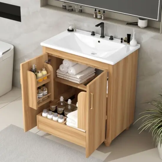 30"W Bathroom Vanity with Sink, Multi-Functional Bathroom Cabinet with Storage Rack and Functional Drawer with Slides, Natural-ModernLuxe image {1}