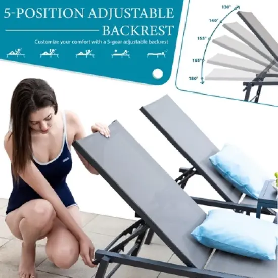 Brafabhome Patio Chaise Lounge with 5-Postion Adjustable Backrest, Aluminum Pool Loungers with Side Table & Insulated Cooler Bag for Poolside Garden image {2}