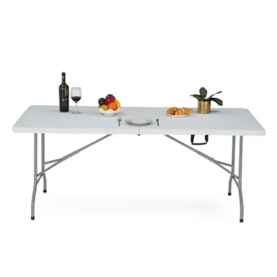 JOMEED UP041 6 Foot Long Portable Plastic Folding Multipurpose Utility Picnic Table with Powder Coated Steel Legs and Built In Carry Handle, White image {2}