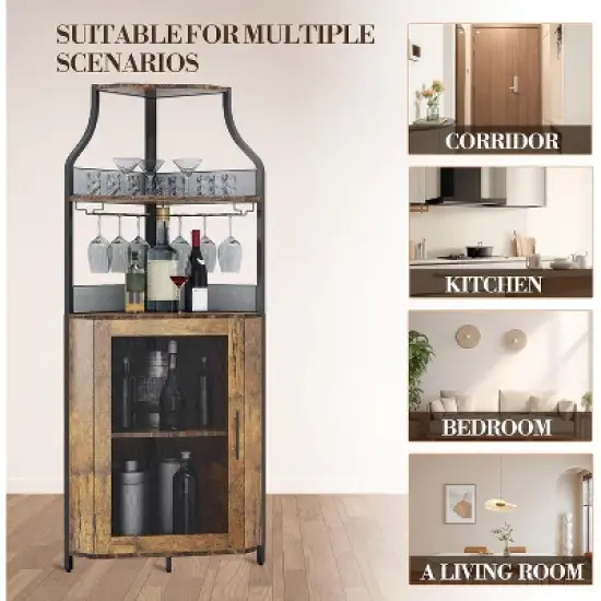 CuisinSmart Corner Wine Bar Cabinet with Detachable Wine Rack, Bar Cabinet with Glass Holder, Small Sideboard and Buffet Cabinet with Mesh Door image {2}