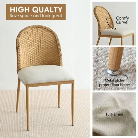 Rattan Dining Room Chair, Linen Dining Chair with Double Layer Rattan Back, Cane Dining Chair with Metal Legs - Maison Boucle image {4}