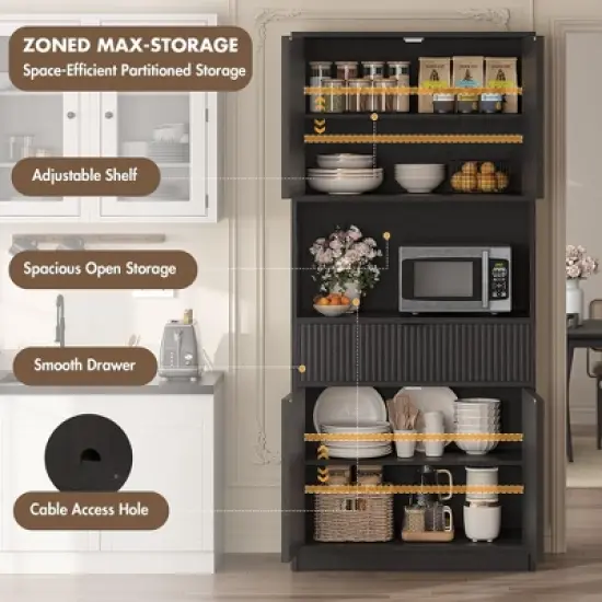 Kitchen Pantry Cabinet, 70" Tall Pantry Storage Cabinet with Countertop, Fluted Tall Cabinets with Doors and Drawer image {3}