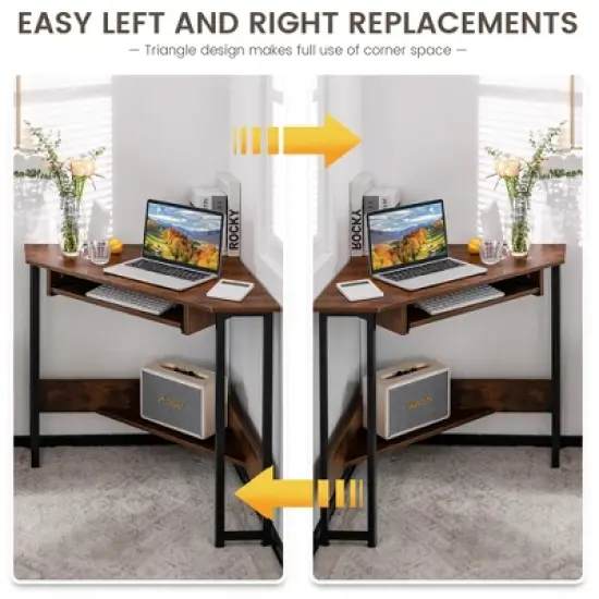 Costway Triangle Corner Computer Desk Small Space Study Desk Home Office w/Keyboard Tray image {8}