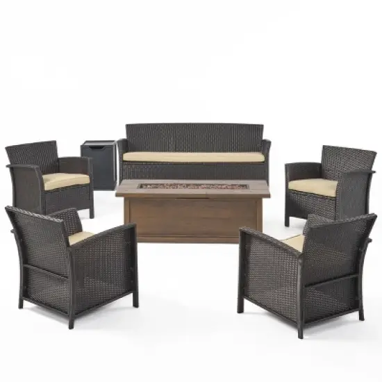 Christopher Knight Home Lucia Outdoor Wicker 7 Seater Sofa and Club Chair Chat Set with 50,000BTU Fire Pit image {1}