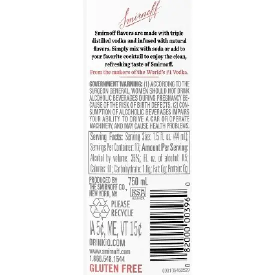 Smirnoff Raspberry Flavored Vodka - 750ml Bottle image {6}