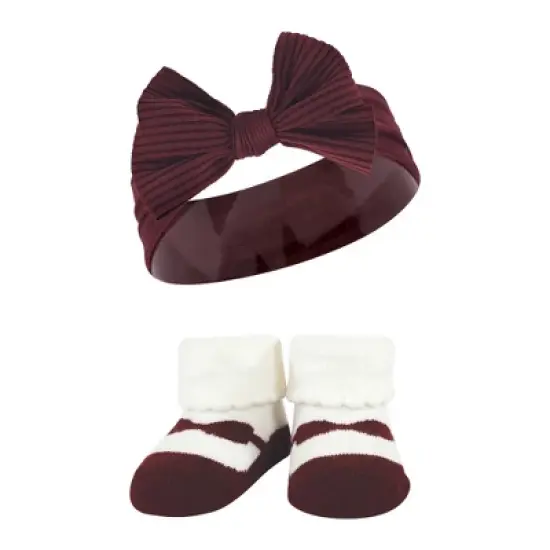 Hudson Baby Infant Girls Headband and Socks Giftset, Burgundy Gray, One Size image {4}