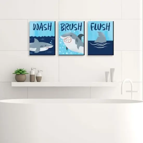 Big Dot of Happiness Shark Zone - Kids Bathroom Rules Wall Art - 7.5 x 10 inches - Set of 3 Signs - Wash, Brush, Flush image {1}