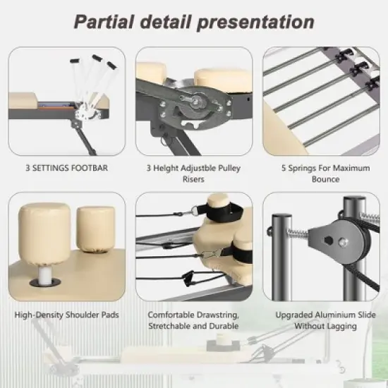 SEVOBAL Pilates Reformer Foldable Pilates Machine Equipment Home Use Gym Workout Advanced Beginners Users Up to 330lbs Capacity, Beige, image {5}