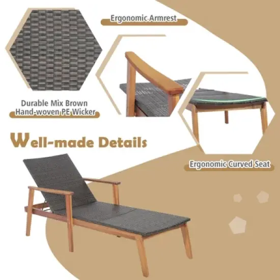 Costway Patio Rattan Chaise Lounge Chair Recliner Back Adjustable Acacia Wood Garden image {6}