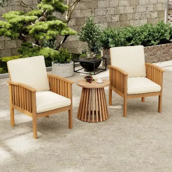 Christopher Knight Home Pascal 3 Piece Patio Acacia Wood Club Chairs with Round Coffee Table image {10}