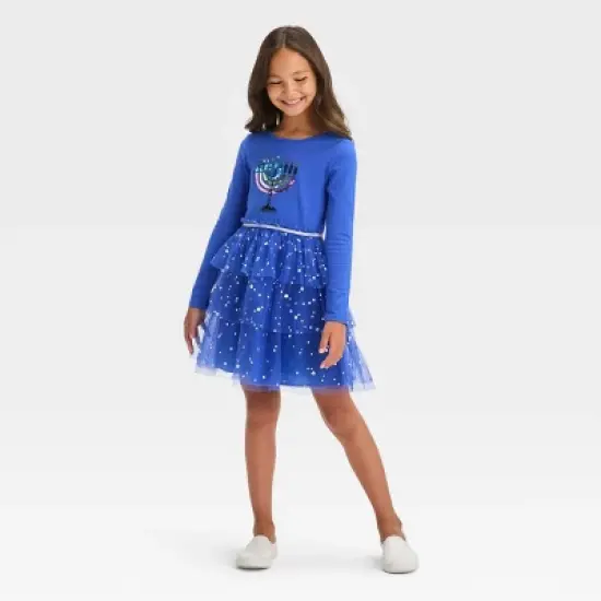 Girls' Long Sleeve Menorah Tiered Hanukkah Tulle Dress - Cat & Jack&trade; Blue image {4}