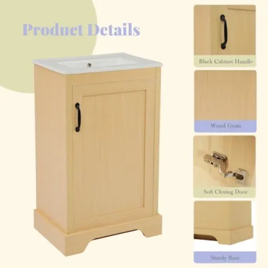 20" Bathroom Vanity with Sink, Bathroom Cabinet with Soft Closing Door, Storage Rack and Adjustable Shelve, Natural Wood image {5}