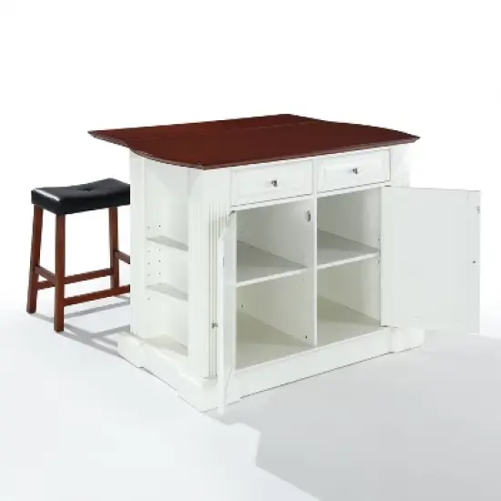 Coventry Drop Leaf Top Kitchen Island with Upholstered Saddle Stools White - Crosley image {8}