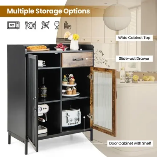 Costway Kitchen Sideboard Buffet Bar Cabinet Accent Cupboard with Metal Glass Door & Drawer image {5}