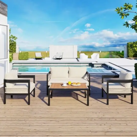 FIONECA U_STYLE Beige Multi-Person Outdoor Iron Sofa Set with Table, Rattan Decoration, Waterproof & Rust-Proof Patio Furniture for Garden & Lawn image {16}