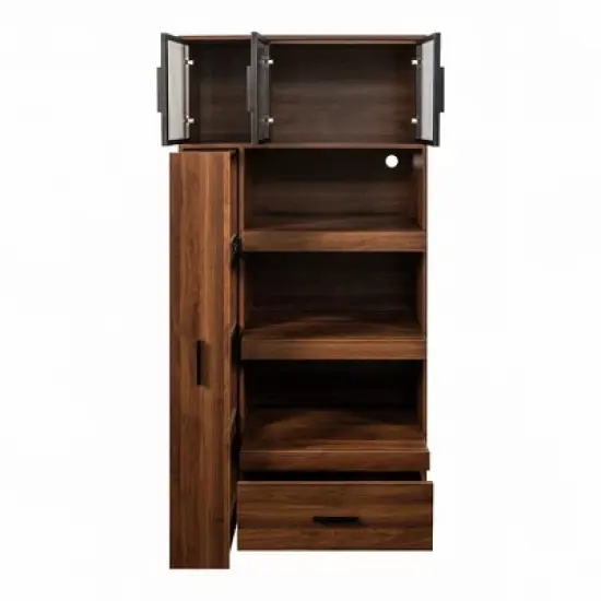 PDTEND 70.87" Freestanding Kitchen Pantry Cabinet with Pull-Out Multi-Tier Storage, Large Drawer, Aluminum Frame Glass Door - Walnut image {8}
